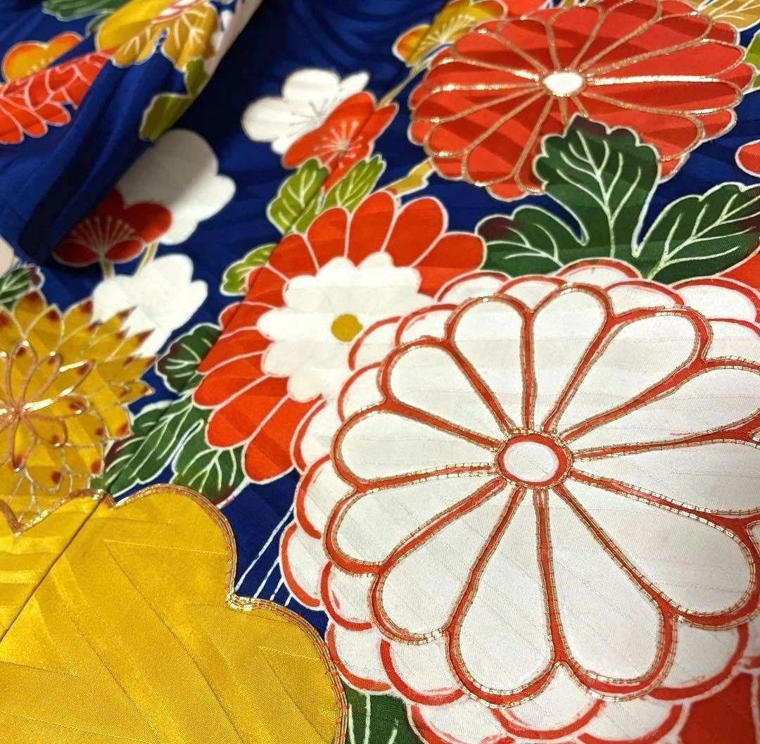 【ひより】正絹　古典柄　振袖リメイクフレアドレス　紺