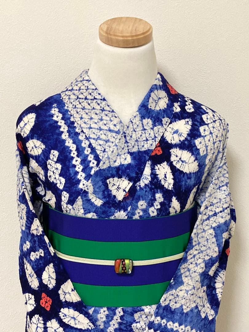 浴衣　有松鳴海絞り　縞と鉄線　裄68.5cm