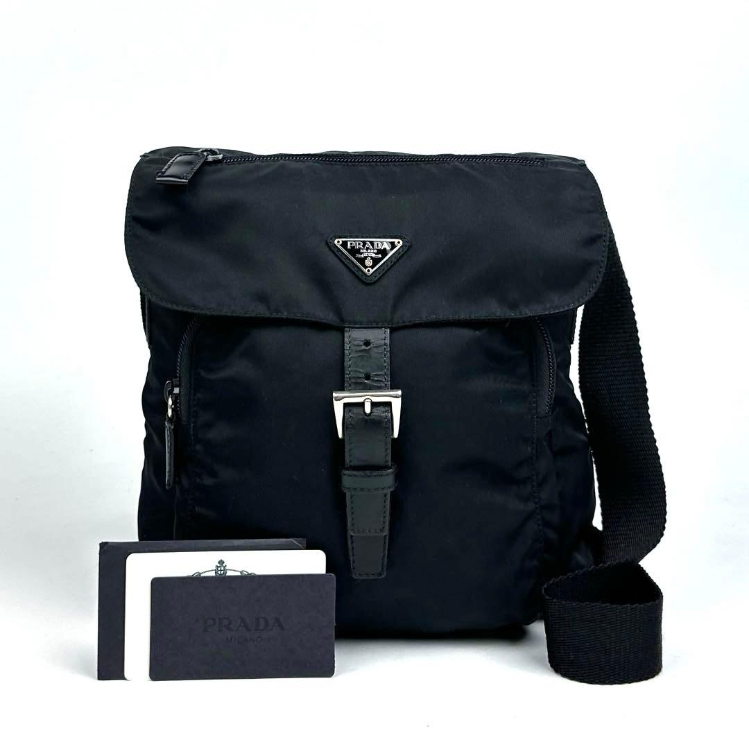 極美品 プラダ 三角ロゴ ショルダーバッグ シルバー金具 男女兼用 黒 ナイロン