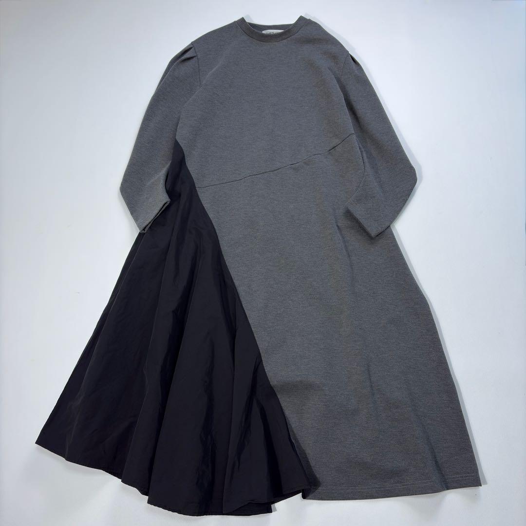 極美 ヘリンドットサイ 異素材切替 ロングワンピース グレー HeRIN.CYE