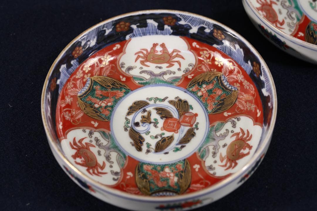 954　古伊万里色絵蟹図中皿5枚　無傷　幕末明治　（旬、希少性）