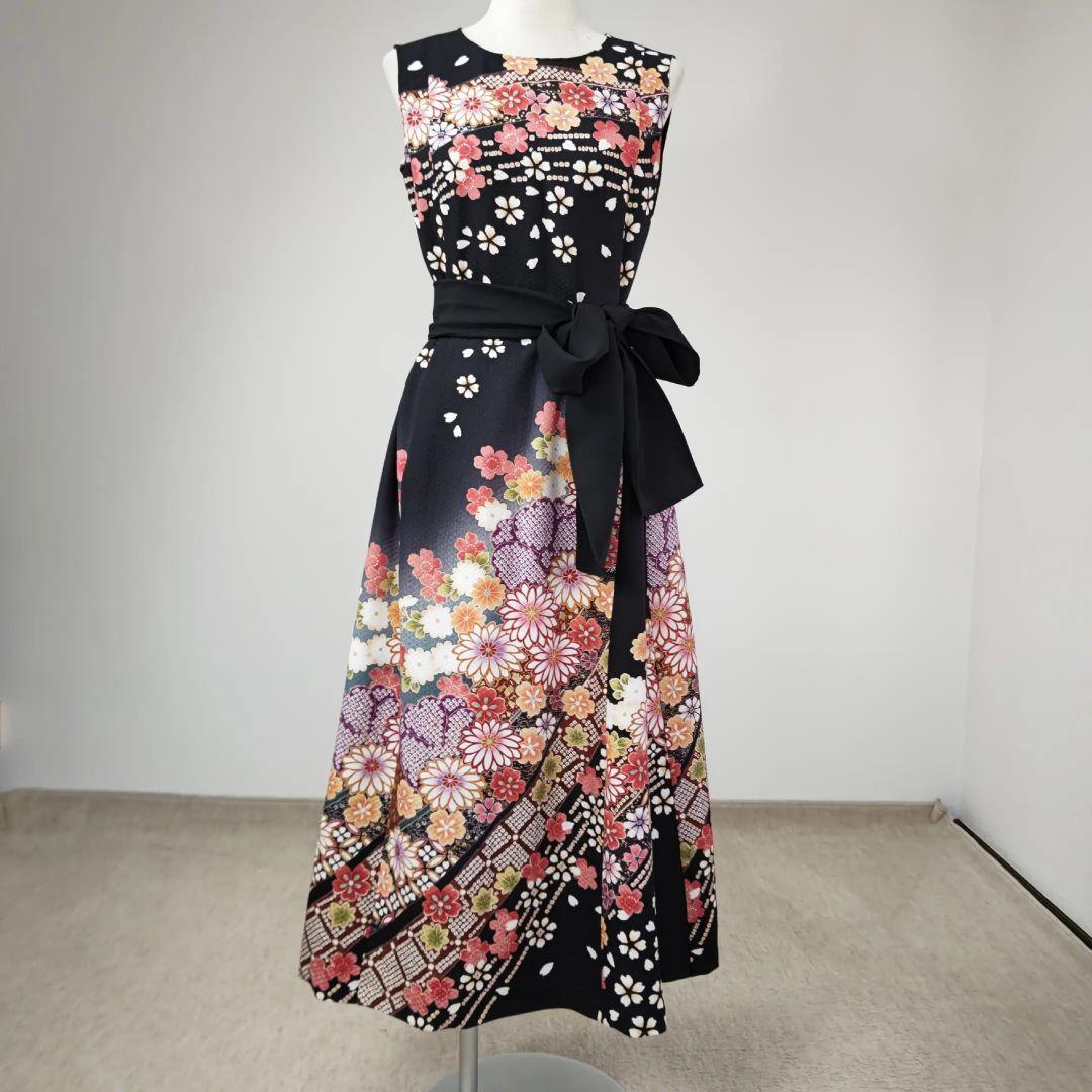 zunezune 振袖ドレス ノースリーブ 着物リメイクワンピース 黒に花