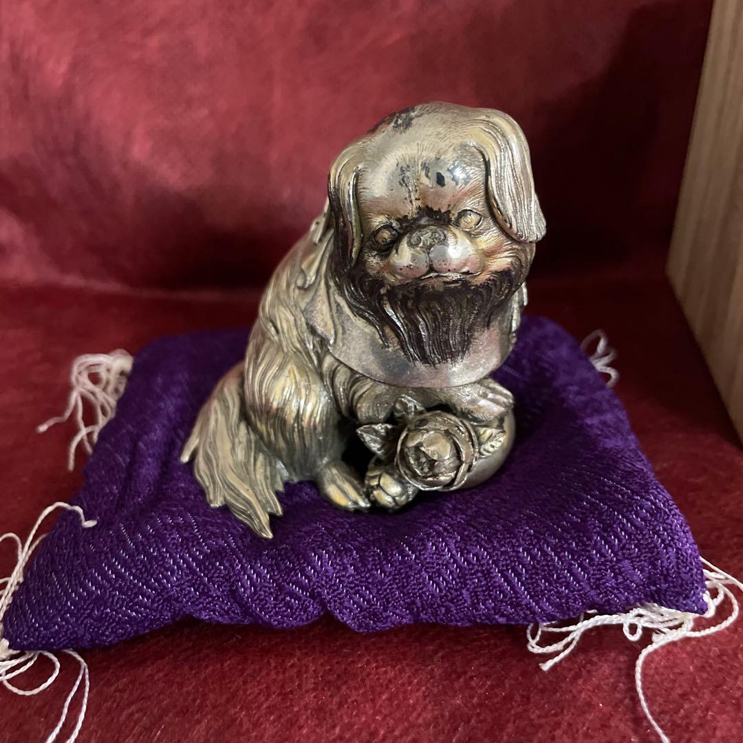 リ*ル様 銀　置物　桐箱付き　正園 作　狆 （チン）　刻印あり 約322.5g