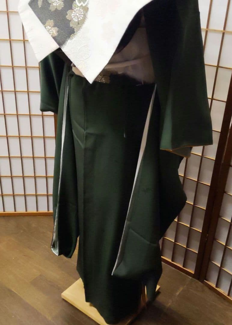454【最終価格】無地モスグリーン【山本寛斎正絹振袖8点フルセット】成人式卒業式