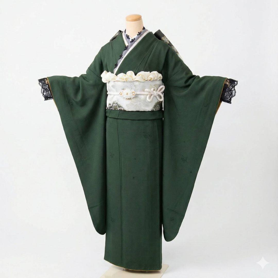 454【最終価格】無地モスグリーン【山本寛斎正絹振袖8点フルセット】成人式卒業式