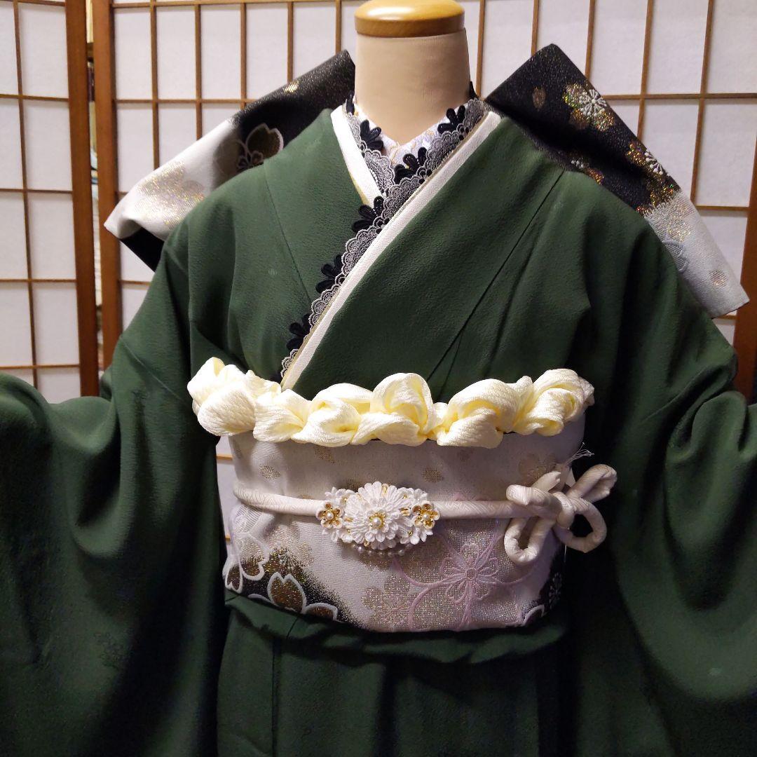 454【最終価格】無地モスグリーン【山本寛斎正絹振袖8点フルセット】成人式卒業式