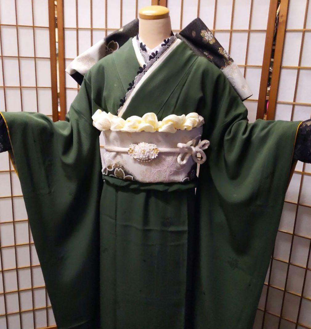 454【最終価格】無地モスグリーン【山本寛斎正絹振袖8点フルセット】成人式卒業式