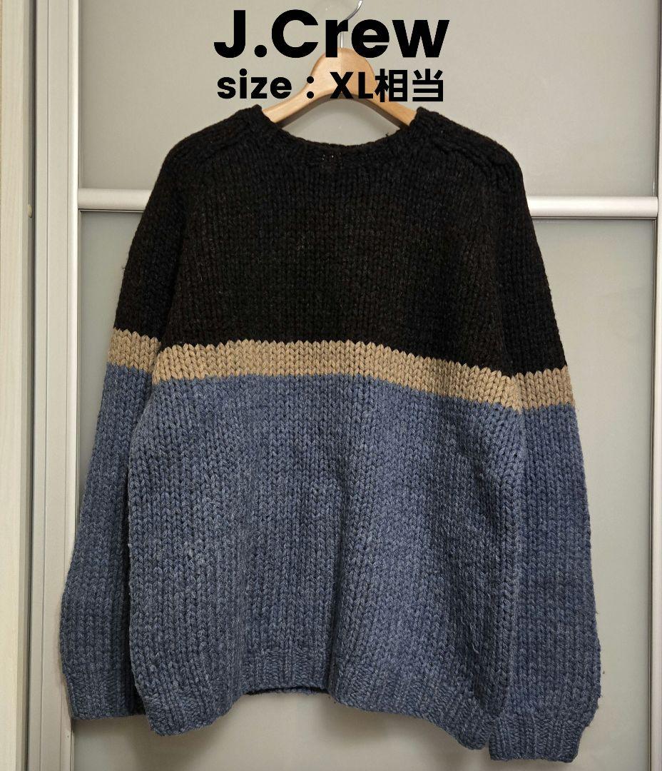 90s J.CREW ニット ハンドニット 水色 肉厚 実寸XL