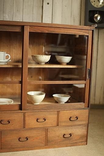 古い木製の格子ガラス戸棚×木製引き出し7杯　食器棚　水屋　キャビネット　古家具