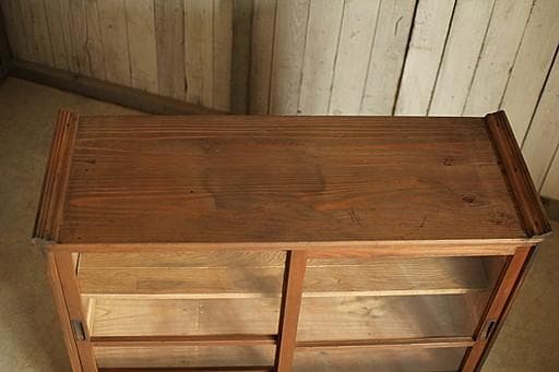 古い木製の格子ガラス戸棚×木製引き出し7杯　食器棚　水屋　キャビネット　古家具