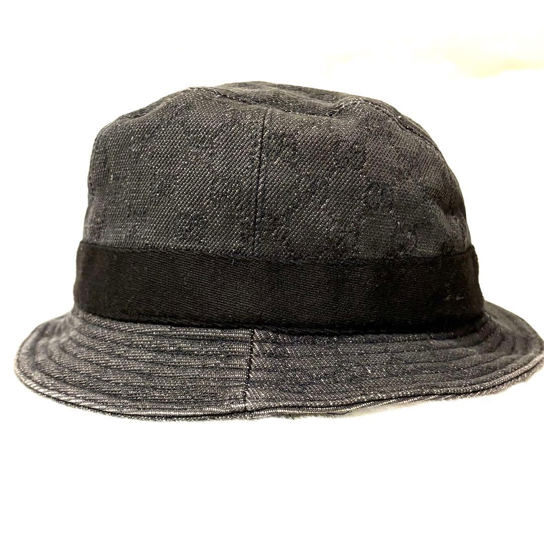 【美品】GUCCI バケットハット　Mサイズ　GG柄　帽子　ロゴプレート　レア