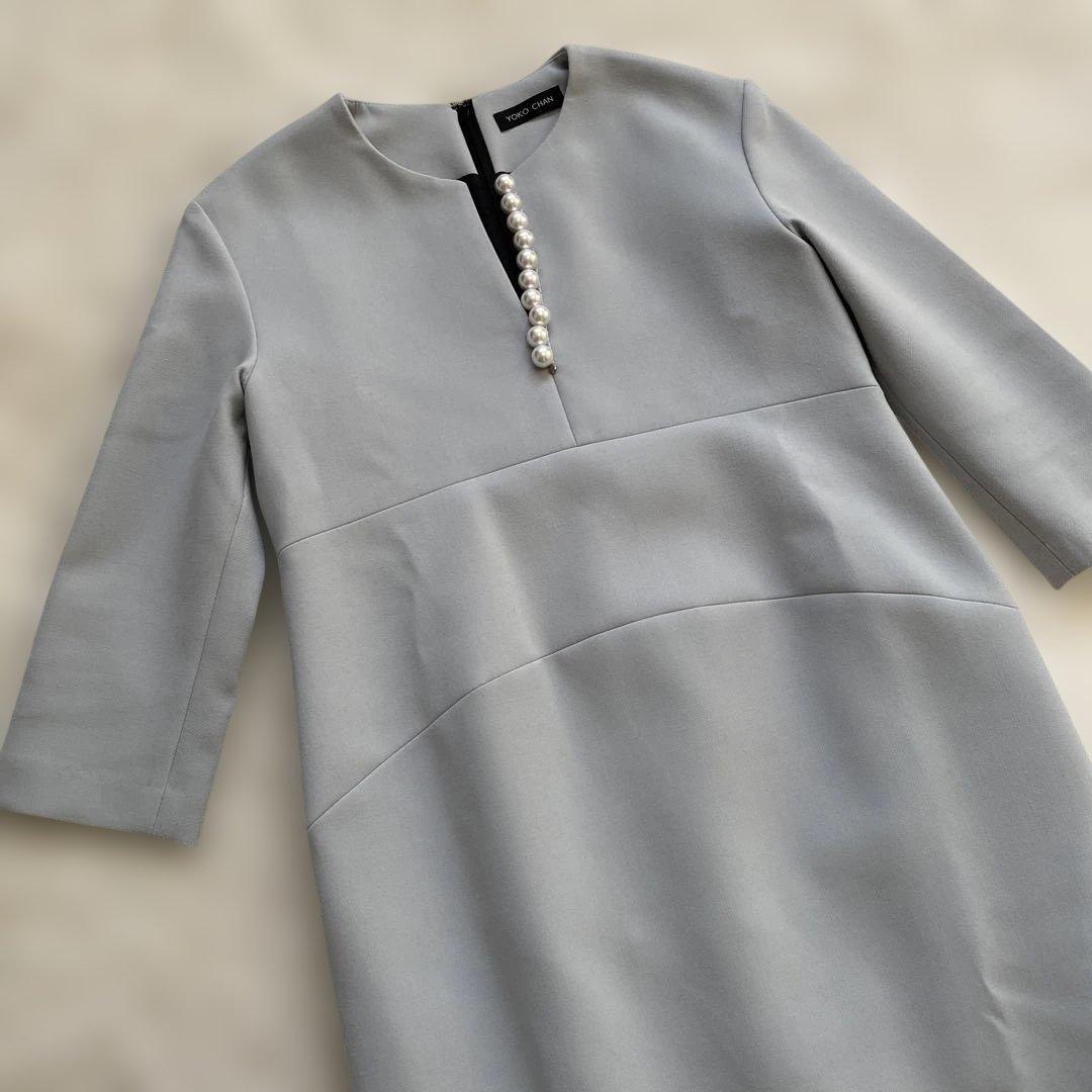 yoko chan ヨーコチャン ワンピース ドレス 七分袖 パール ブルー