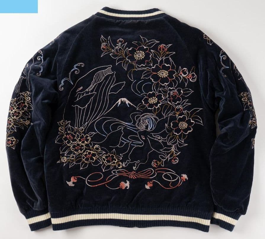 激レア　00s ちきりや 別珍スカジャン クジラうさぎ 紺 Ｌサイズ 男女兼用