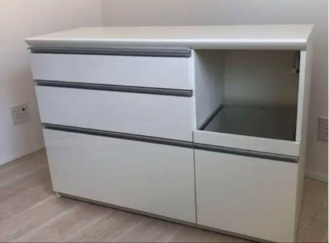 パモウナ　食器棚 キッチンボード ホワイト木製食器棚 3引き出し