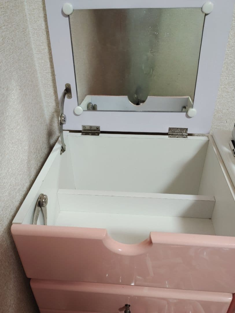 ピンク木製ドレッサー・コスメボックス ミラー付き