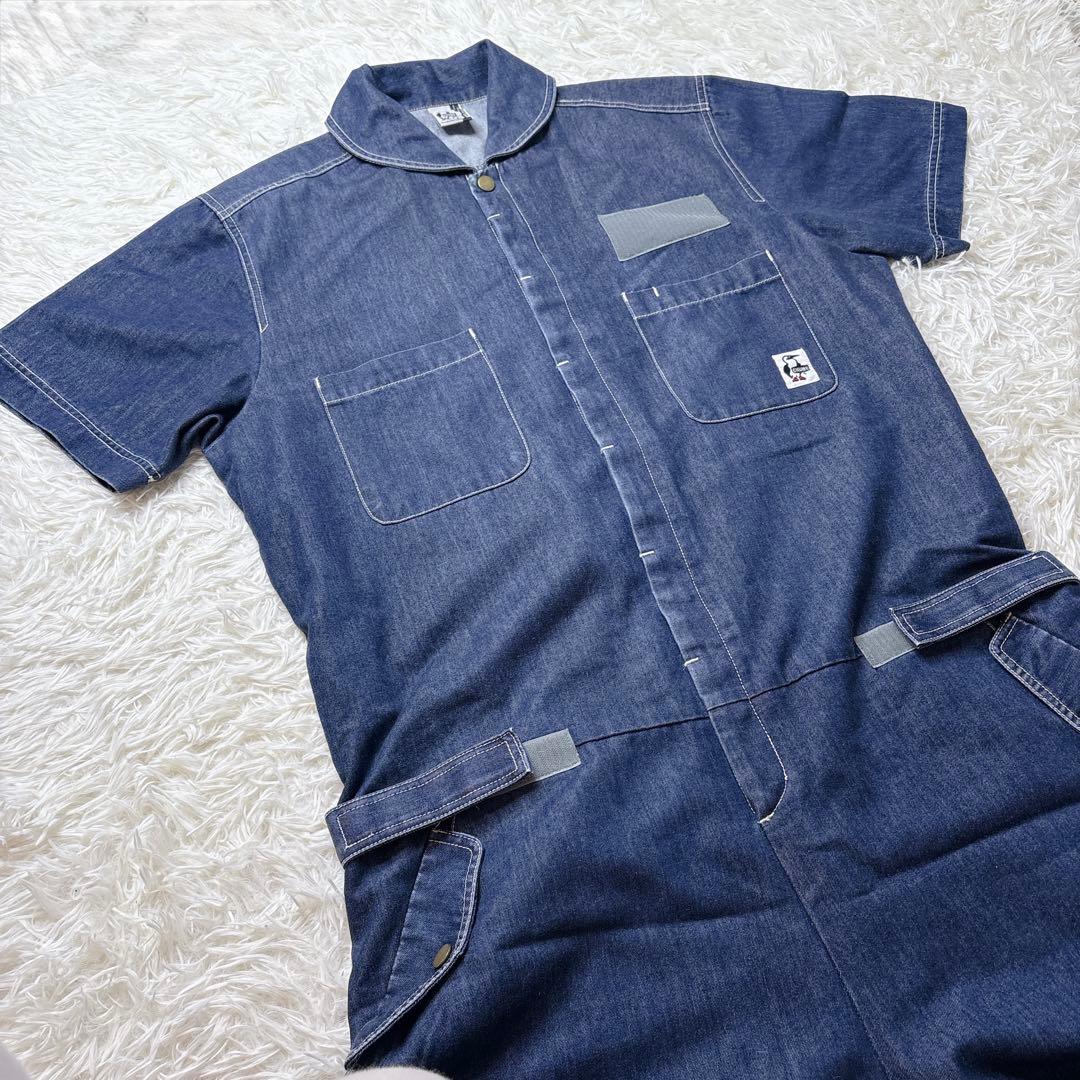 希少✨CHUMS チャムス つなぎ オーバーオール デニム 半袖 L インディゴ