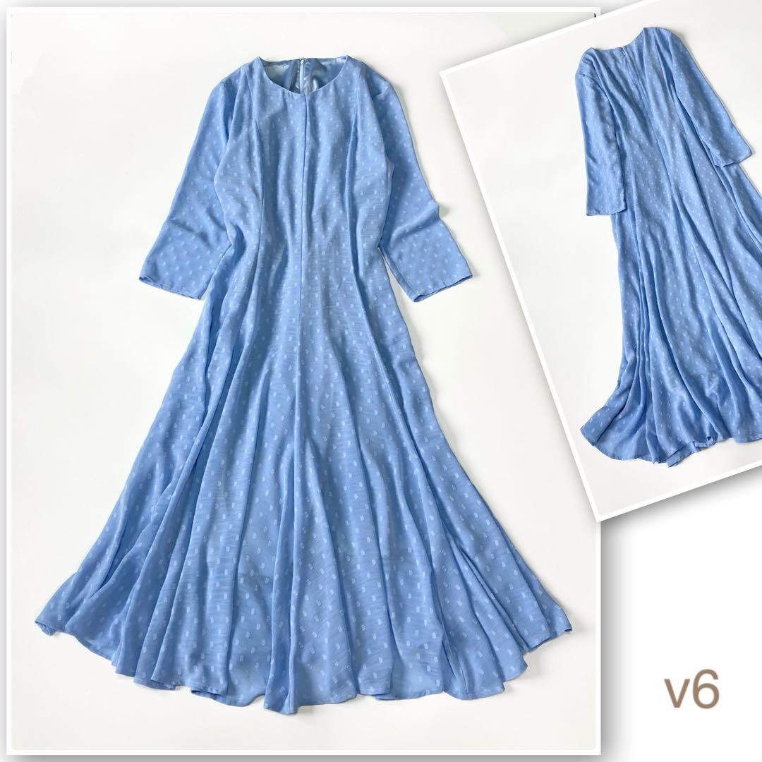 （v6）ジェンヌ　刺繍ドット　フレアワンピース　ブルー　サイズXL 丈120