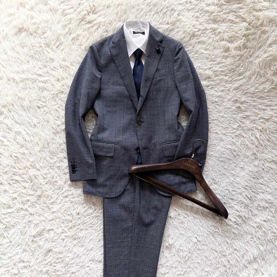 <美品>LARDINI 新ロゴ ネイビー ウール スーツ ブートニエール 42