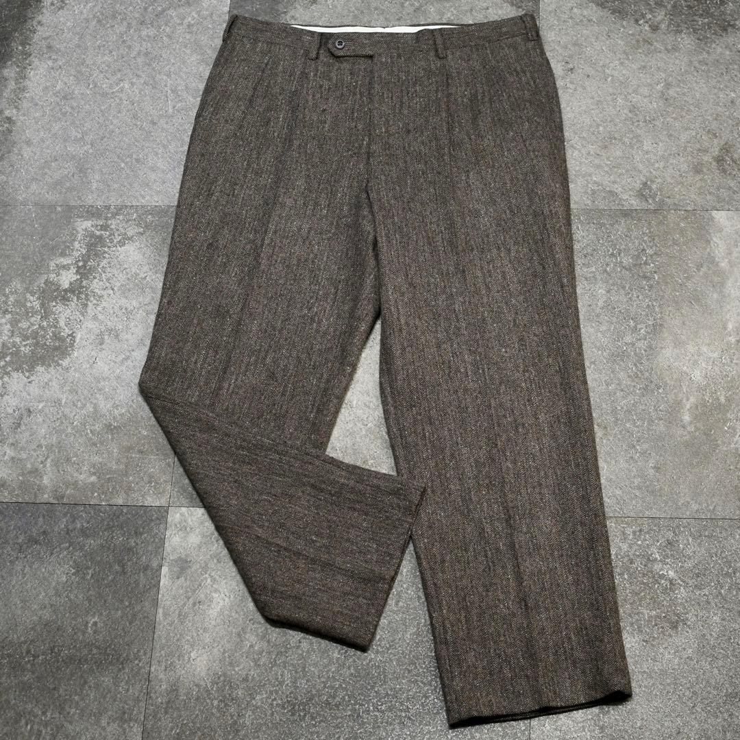 古着 ツイード ネップ タックパンツ スラックス ウールパンツ ブラウン 茶色