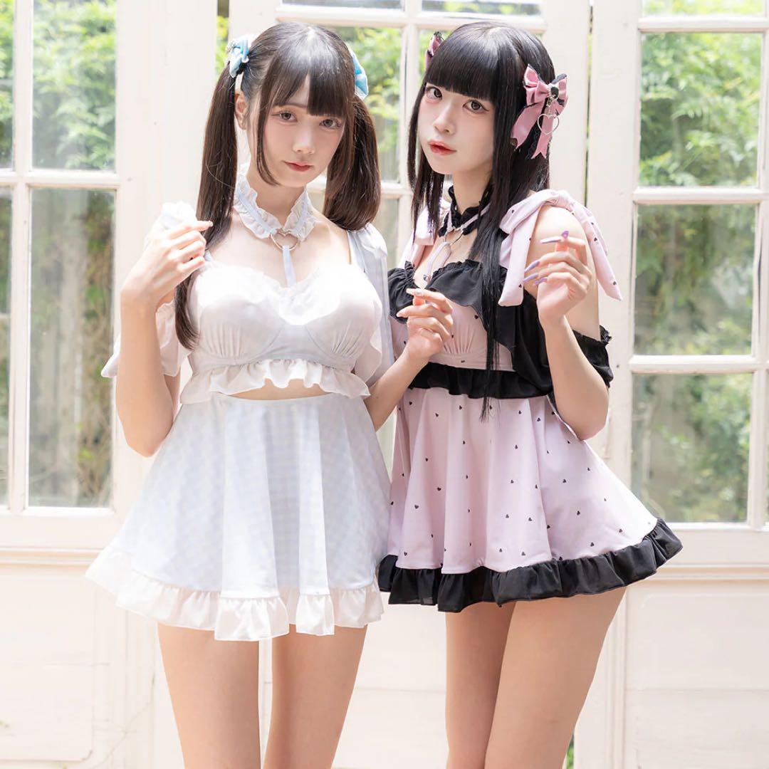 6WAYハートチョーカー水着　ピンク×ブラック　L L