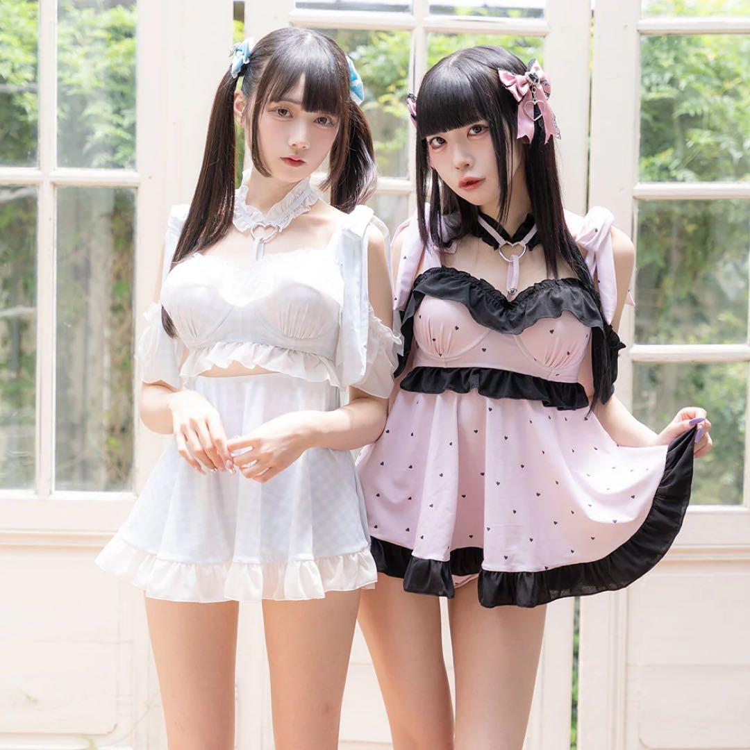 6WAYハートチョーカー水着　ピンク×ブラック　L L