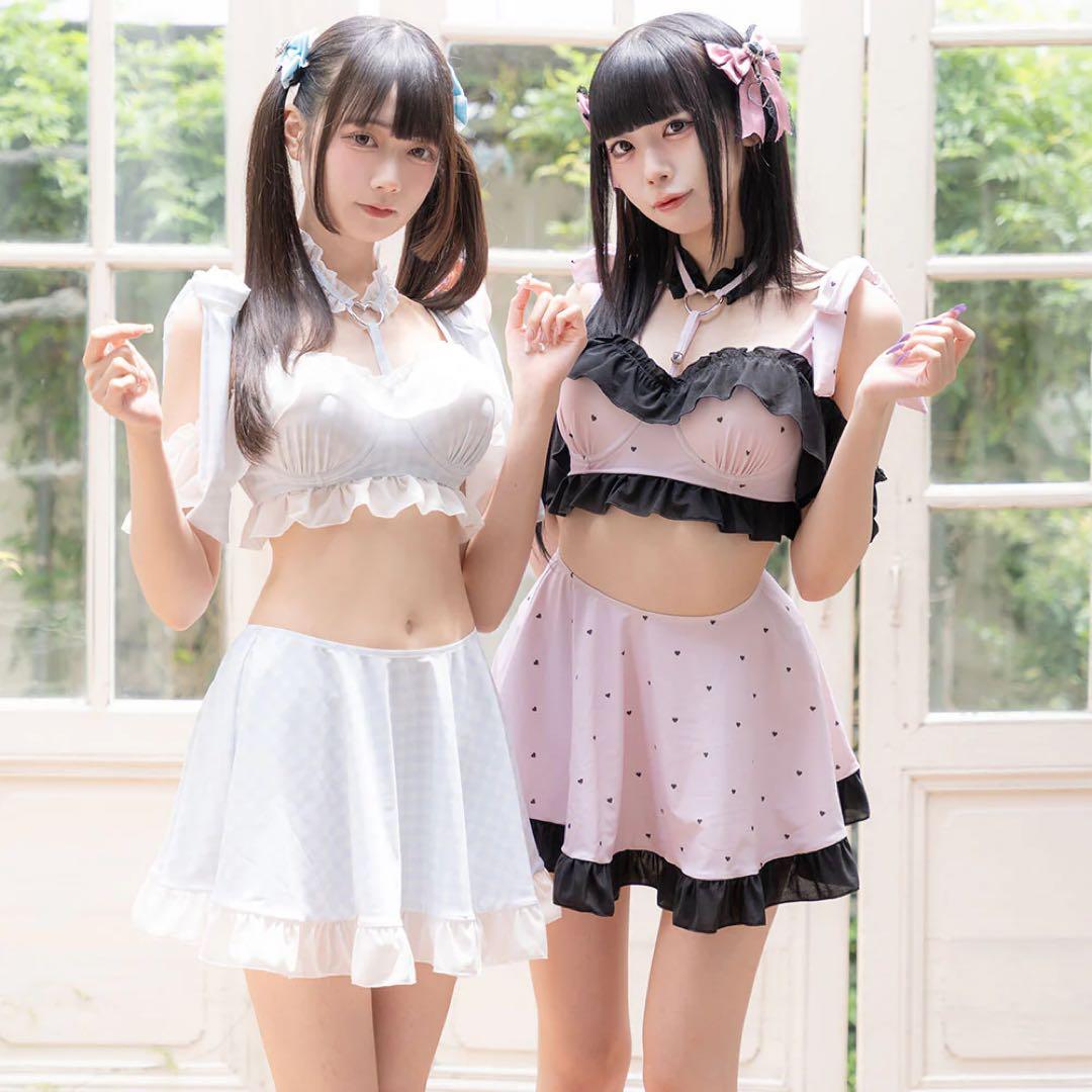 6WAYハートチョーカー水着　ピンク×ブラック　L L