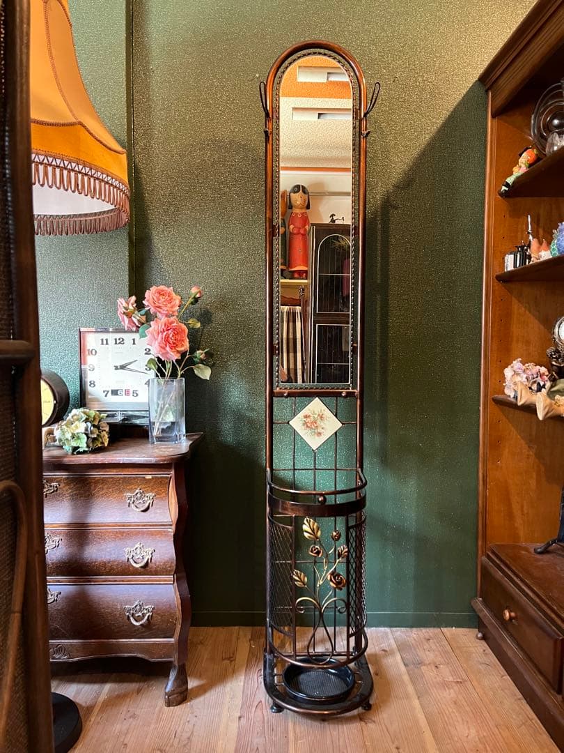 蘭世＊アイアン 傘立て ミラー 全身鏡 ローズ 薔薇 アンティーク