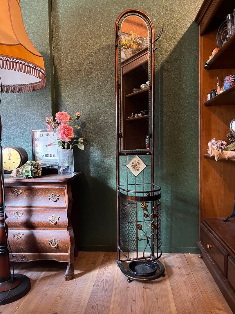 蘭世＊アイアン 傘立て ミラー 全身鏡 ローズ 薔薇 アンティーク