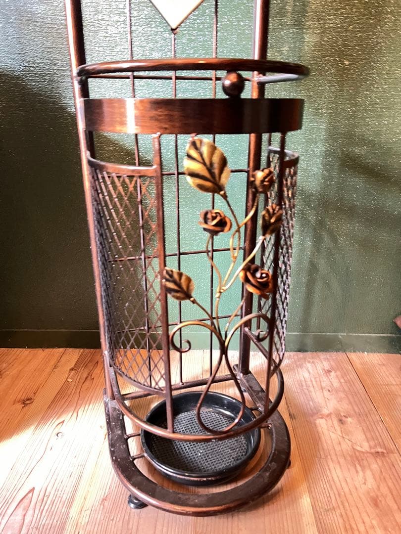 蘭世＊アイアン 傘立て ミラー 全身鏡 ローズ 薔薇 アンティーク