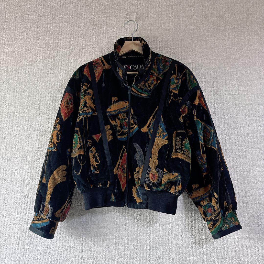 ESCADA ヴィンテージ ベロア　総柄ブルゾン スカーフ柄　綿混　ドイツ製
