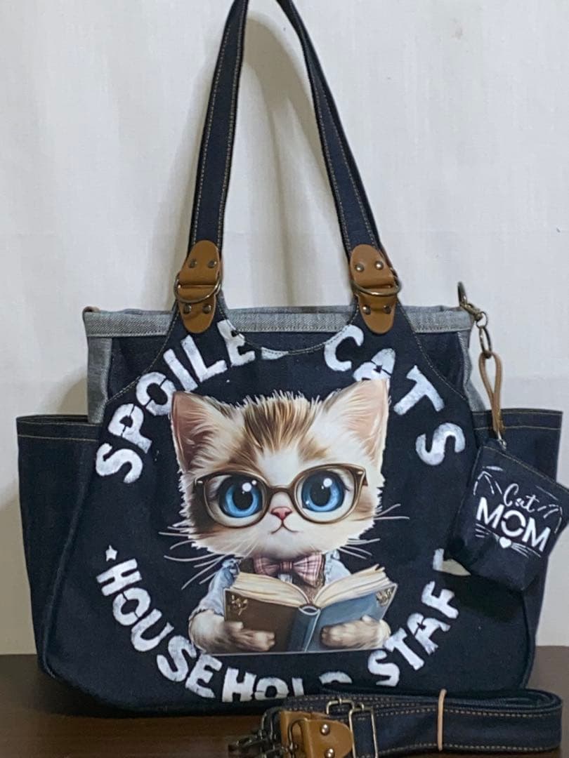 ☆岡山デニム☆メガネ子ネコ☆リュック対応☆4wayあおりバッグ