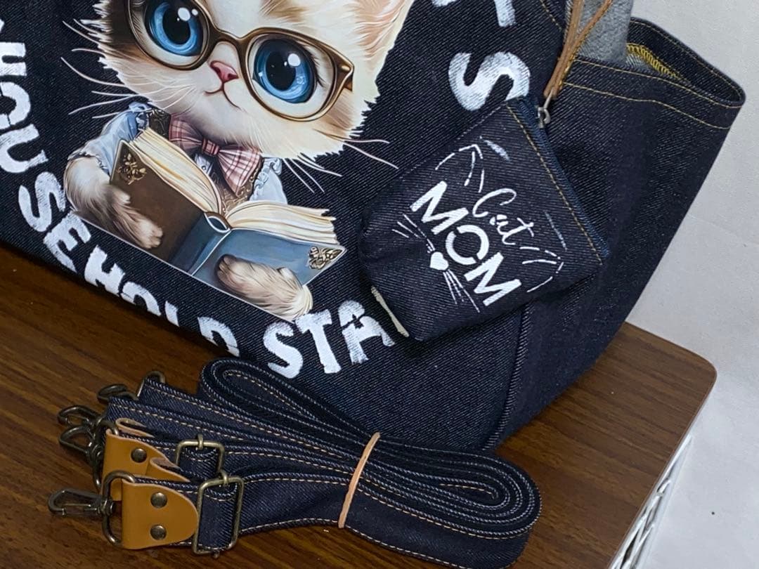 ☆岡山デニム☆メガネ子ネコ☆リュック対応☆4wayあおりバッグ