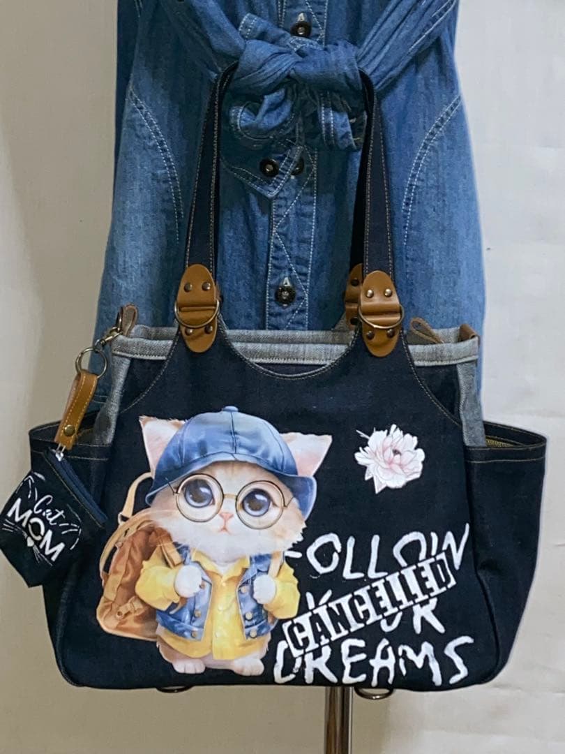 ☆岡山デニム☆メガネ子ネコ☆リュック対応☆4wayあおりバッグ