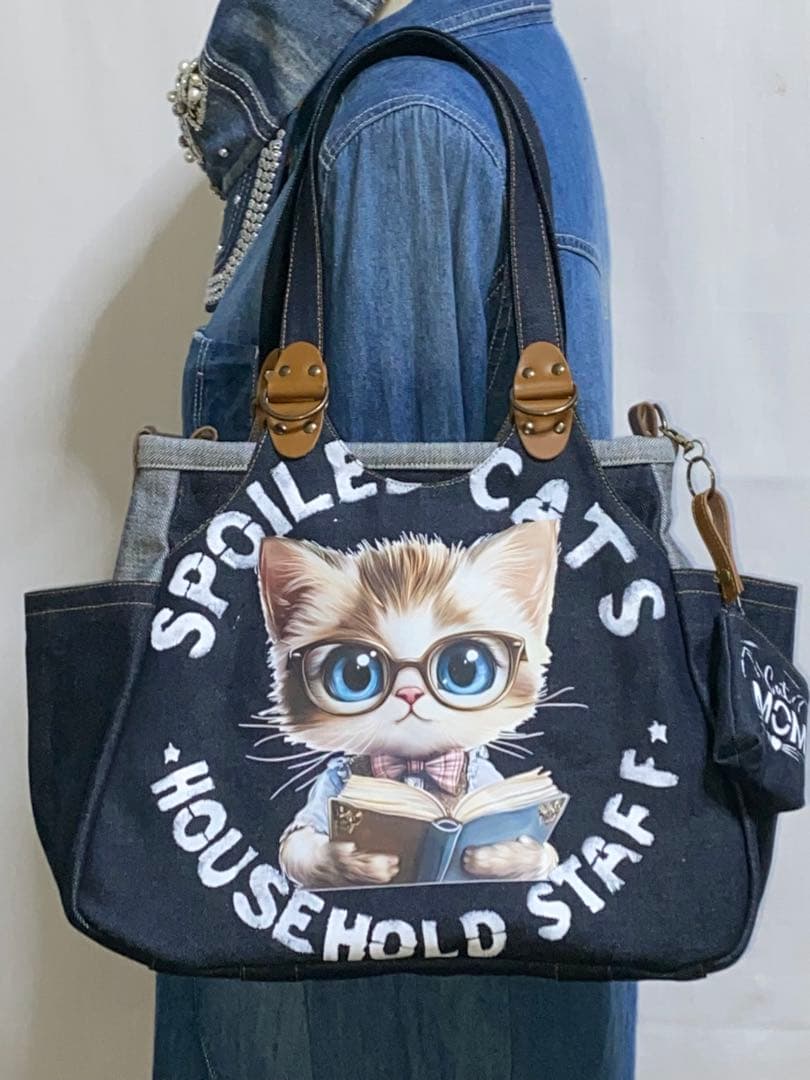 ☆岡山デニム☆メガネ子ネコ☆リュック対応☆4wayあおりバッグ