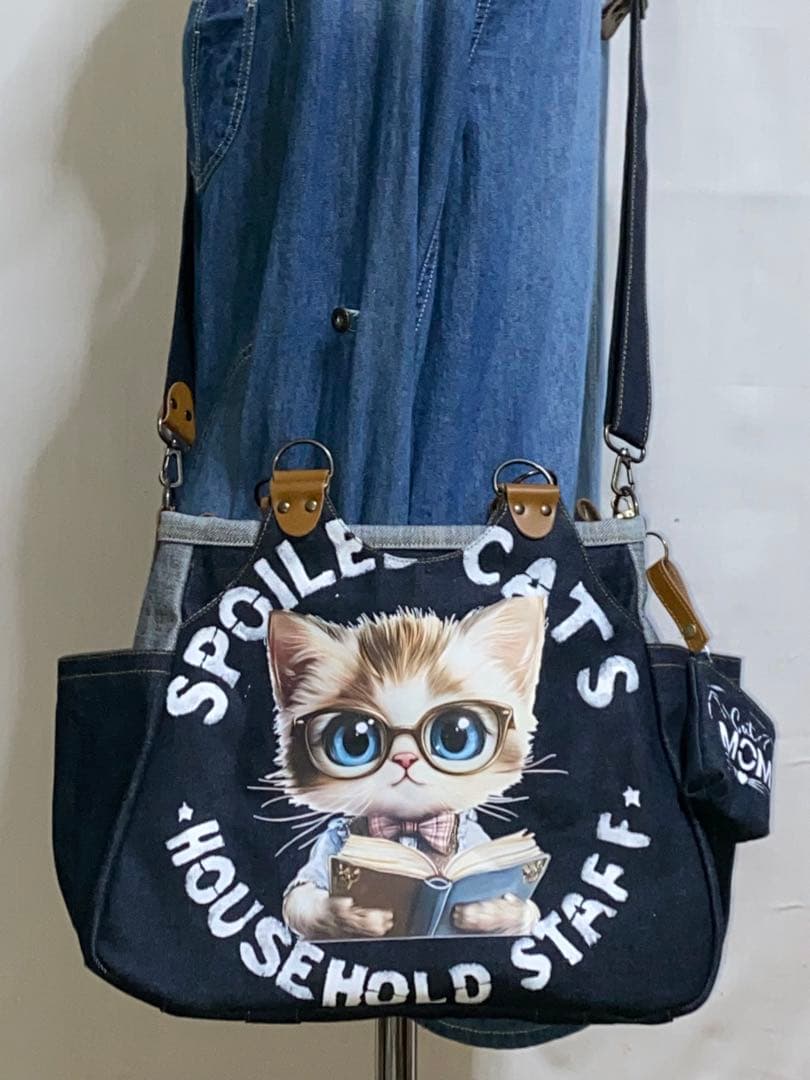 ☆岡山デニム☆メガネ子ネコ☆リュック対応☆4wayあおりバッグ