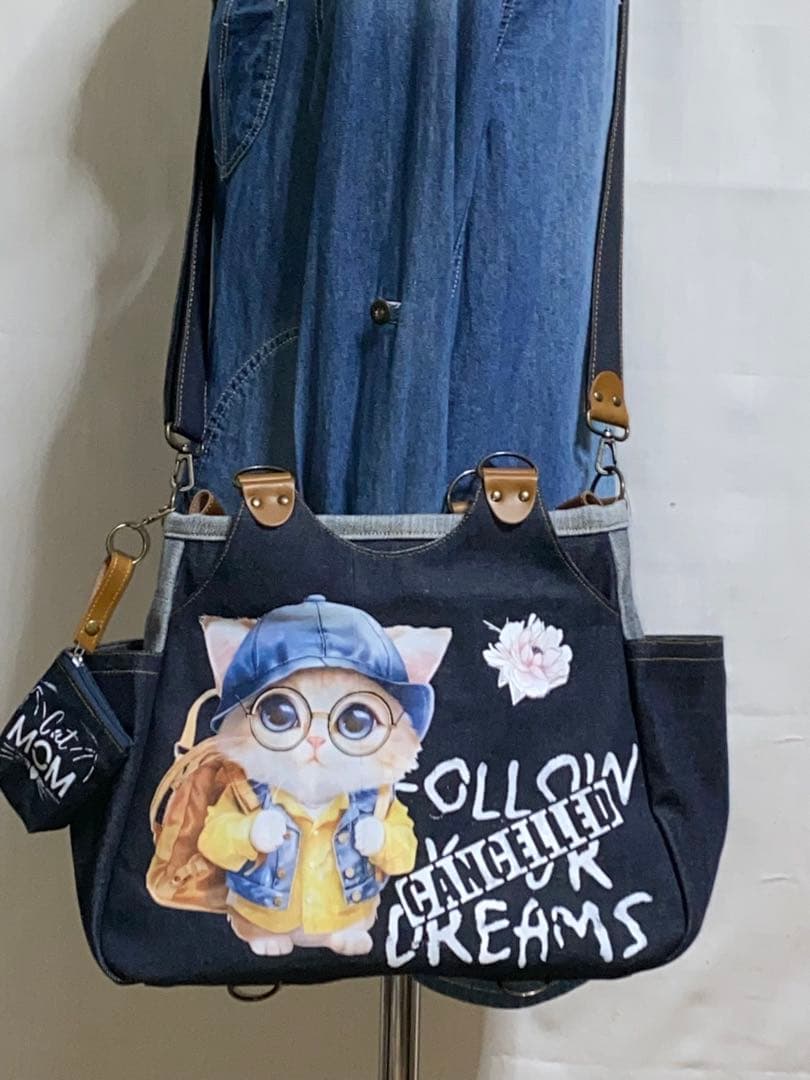 ☆岡山デニム☆メガネ子ネコ☆リュック対応☆4wayあおりバッグ