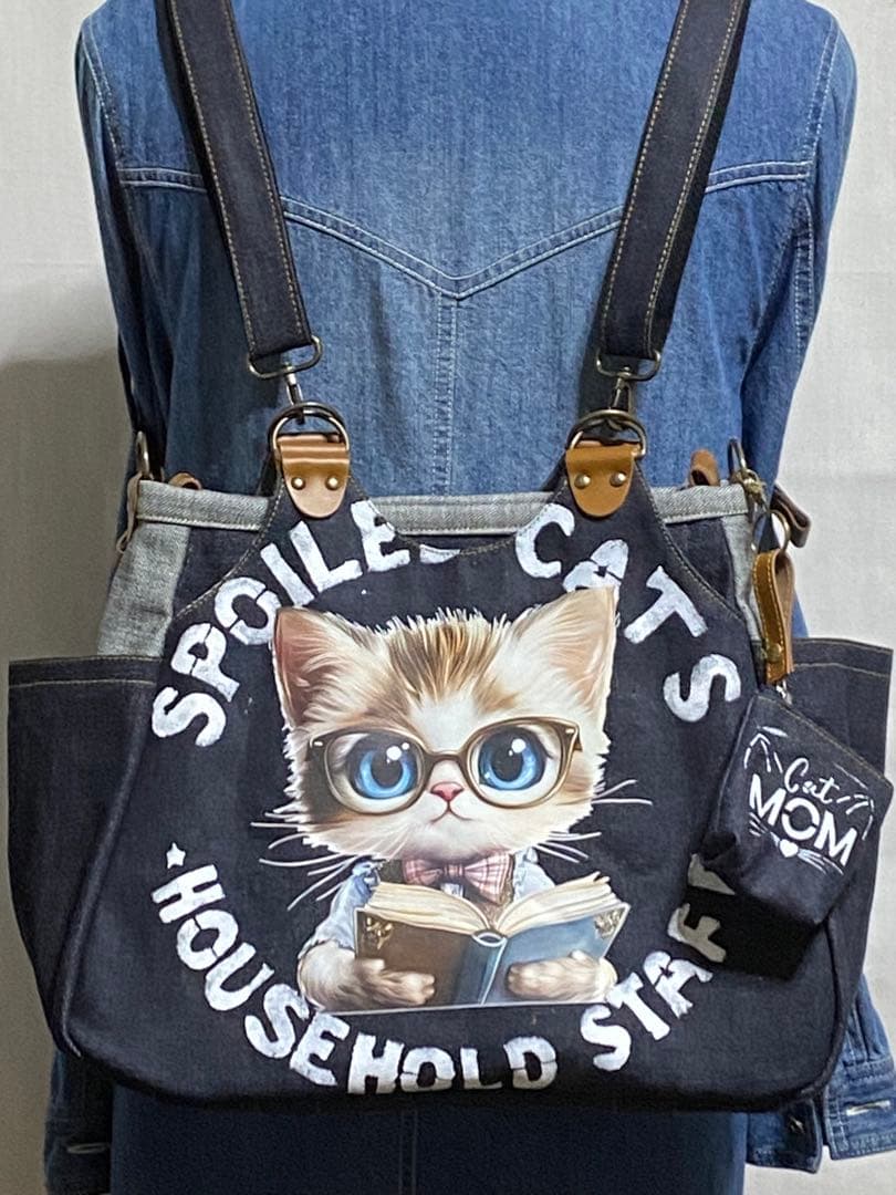 ☆岡山デニム☆メガネ子ネコ☆リュック対応☆4wayあおりバッグ
