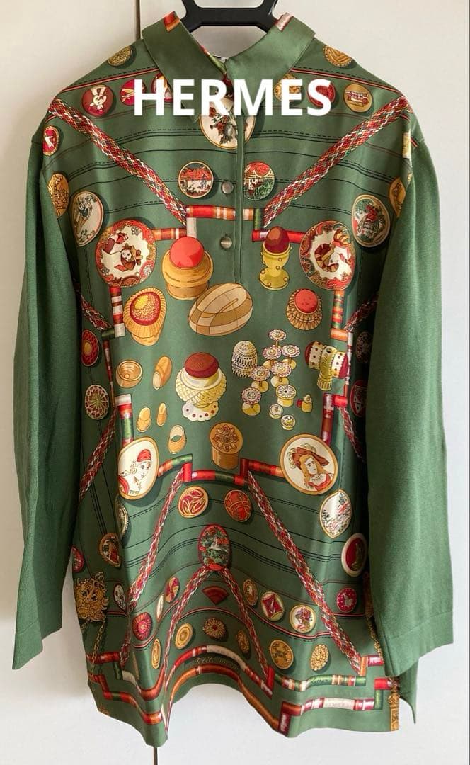 HERMES エルメス 総柄ニット切替ポロシャツ シルク/コットン/カシミヤ L