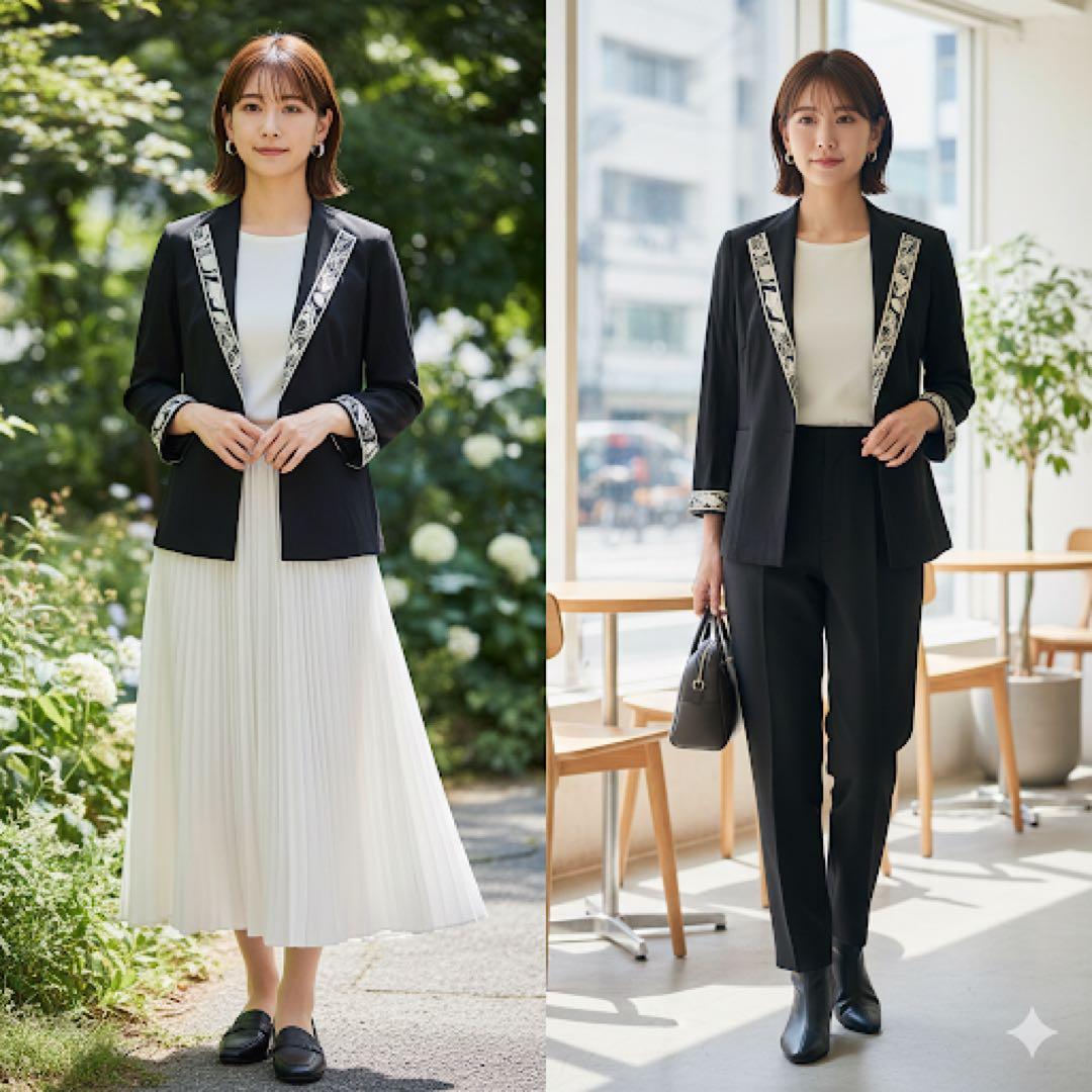 LEONARDレオナール カンカン素材 テーラードジャケット トリム 薄手 L