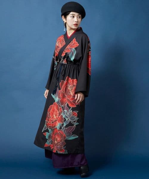 吉事装　着物 ワンピース　牡丹　モダン 漢服　チャイナドレス　大正ロマン　ふりふ