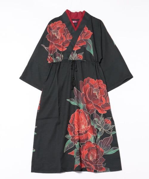 吉事装　着物 ワンピース　牡丹　モダン 漢服　チャイナドレス　大正ロマン　ふりふ