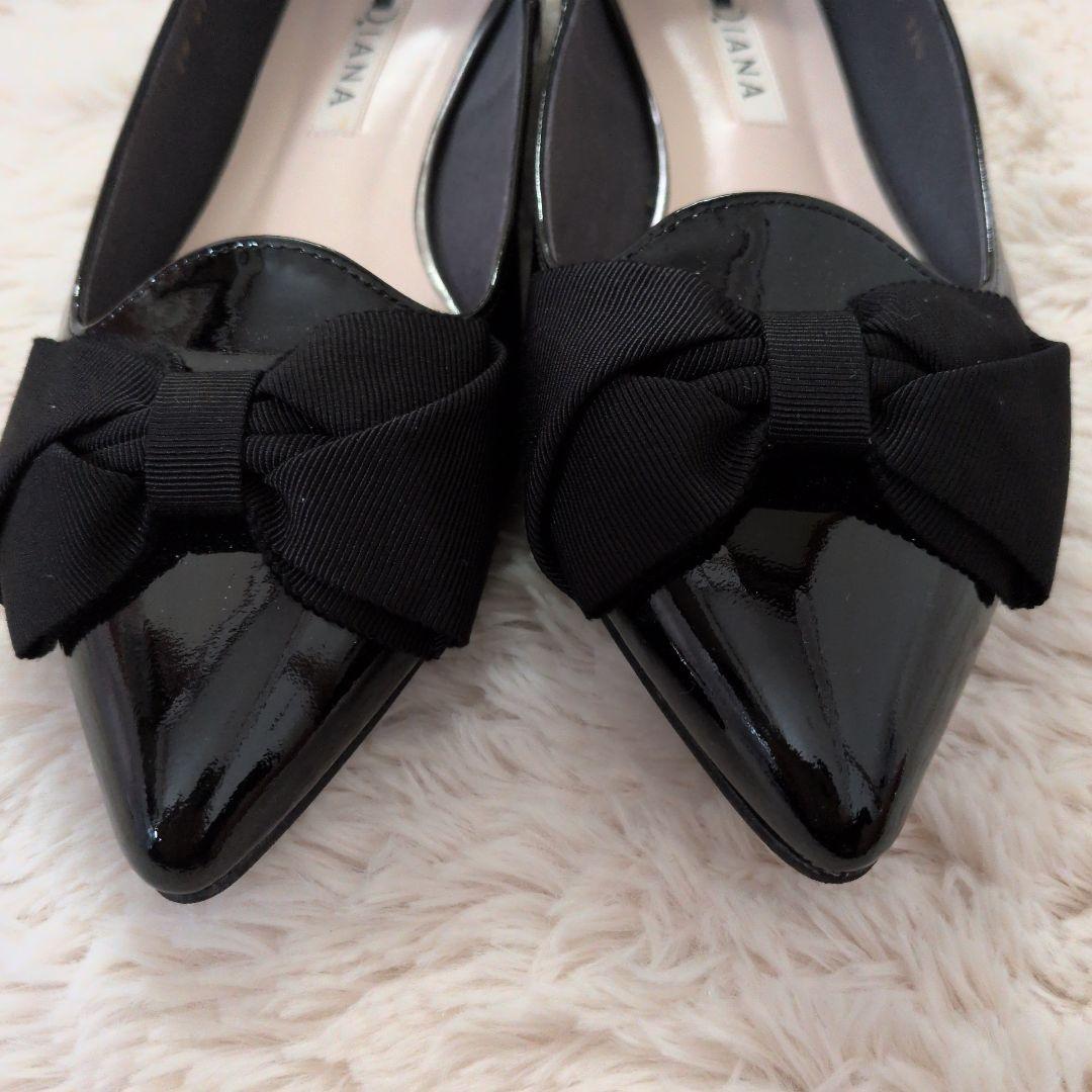 【美品】ダイアナ オペラシューズ ポインテッドトゥ リボン エナメル フラット