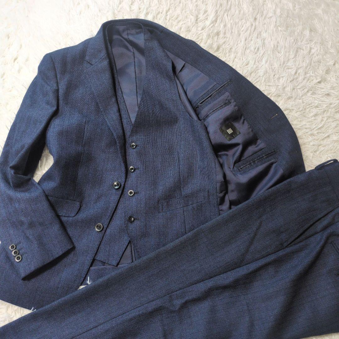 スーツセレクト　スリーピース　スーツセットアップ　ネイビー　ヘリンボーン　A5