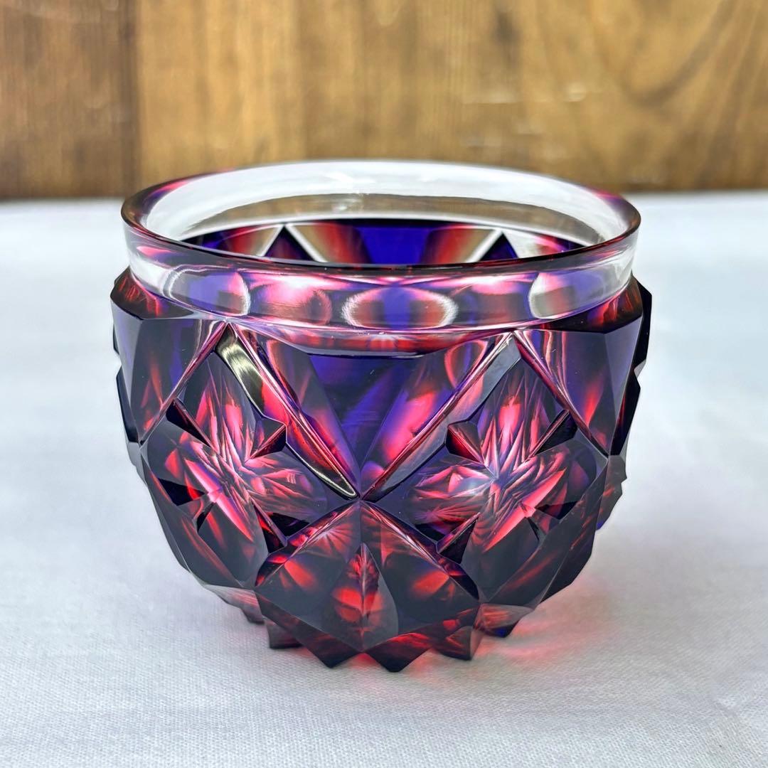 二色衣 島津薩摩切子 二色被せガラス 切子猪口 赤