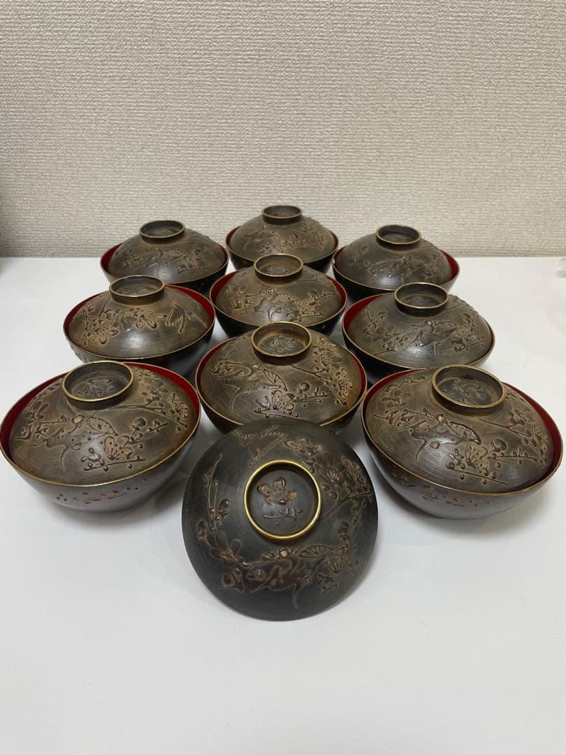 明治 大正期 会津塗 鉄錆塗 蒔絵 富士山 松 梅 木製 蓋付き お椀 内朱 ①