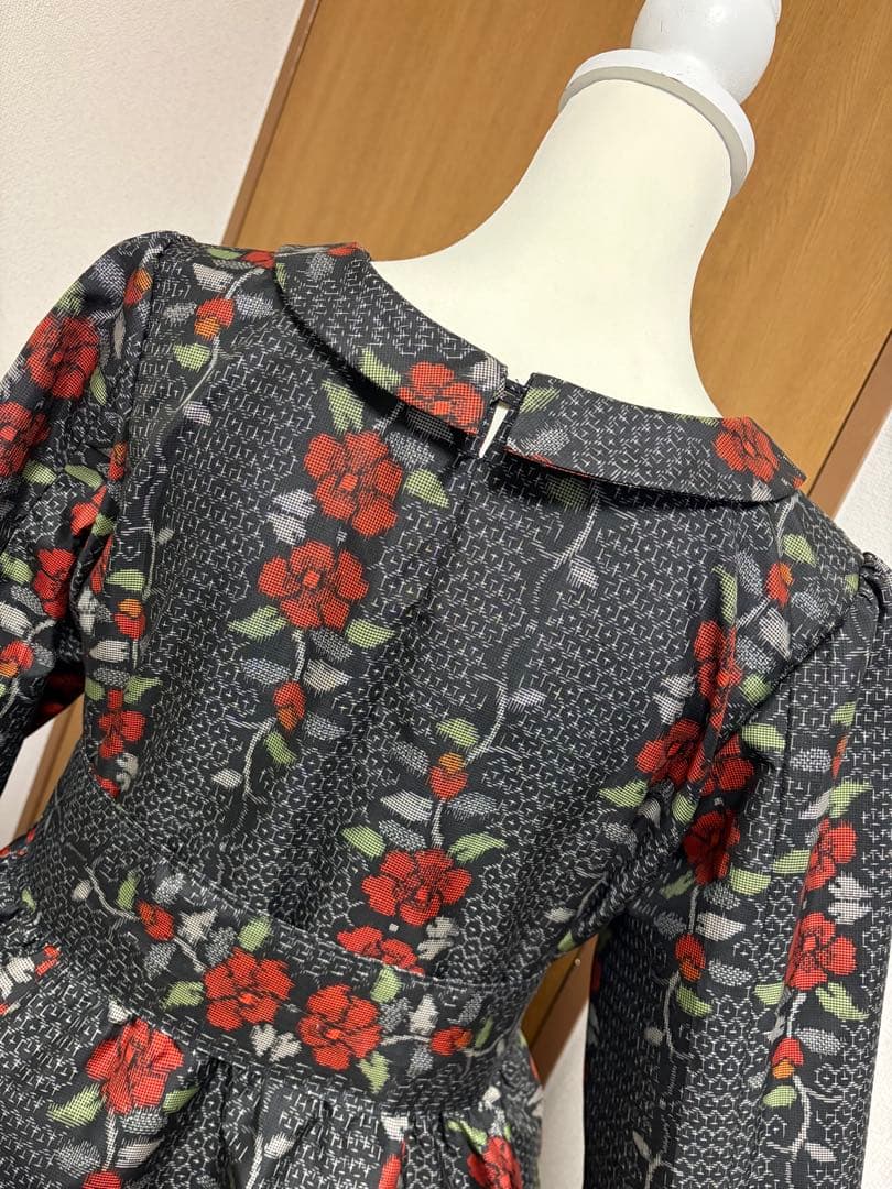 着物リメイク♪ 大島紬　ふんわりワンピース　花模様　MーL 総裏地付き♪
