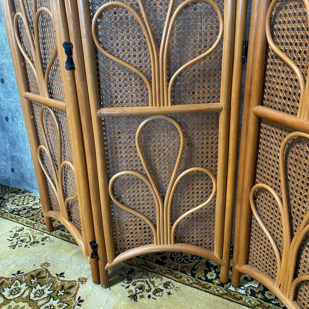 ꧁籐家具꧂ラタン4連パーテーション ブラインド 間仕切り 昭和レトロ