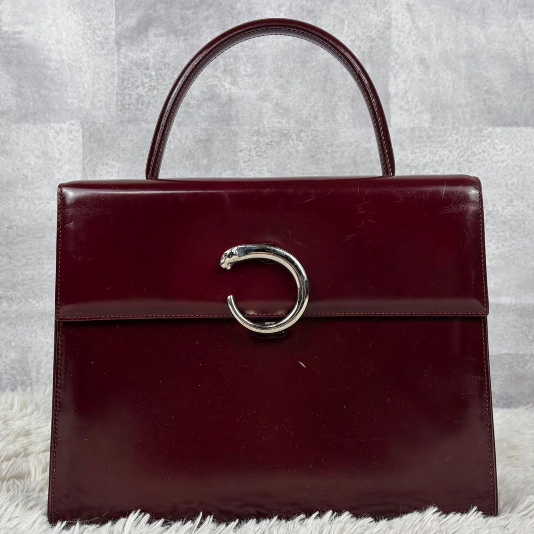 極美品 カルティエ レザー ハンドバッグ パンテール ボルド マストライン 赤茶
