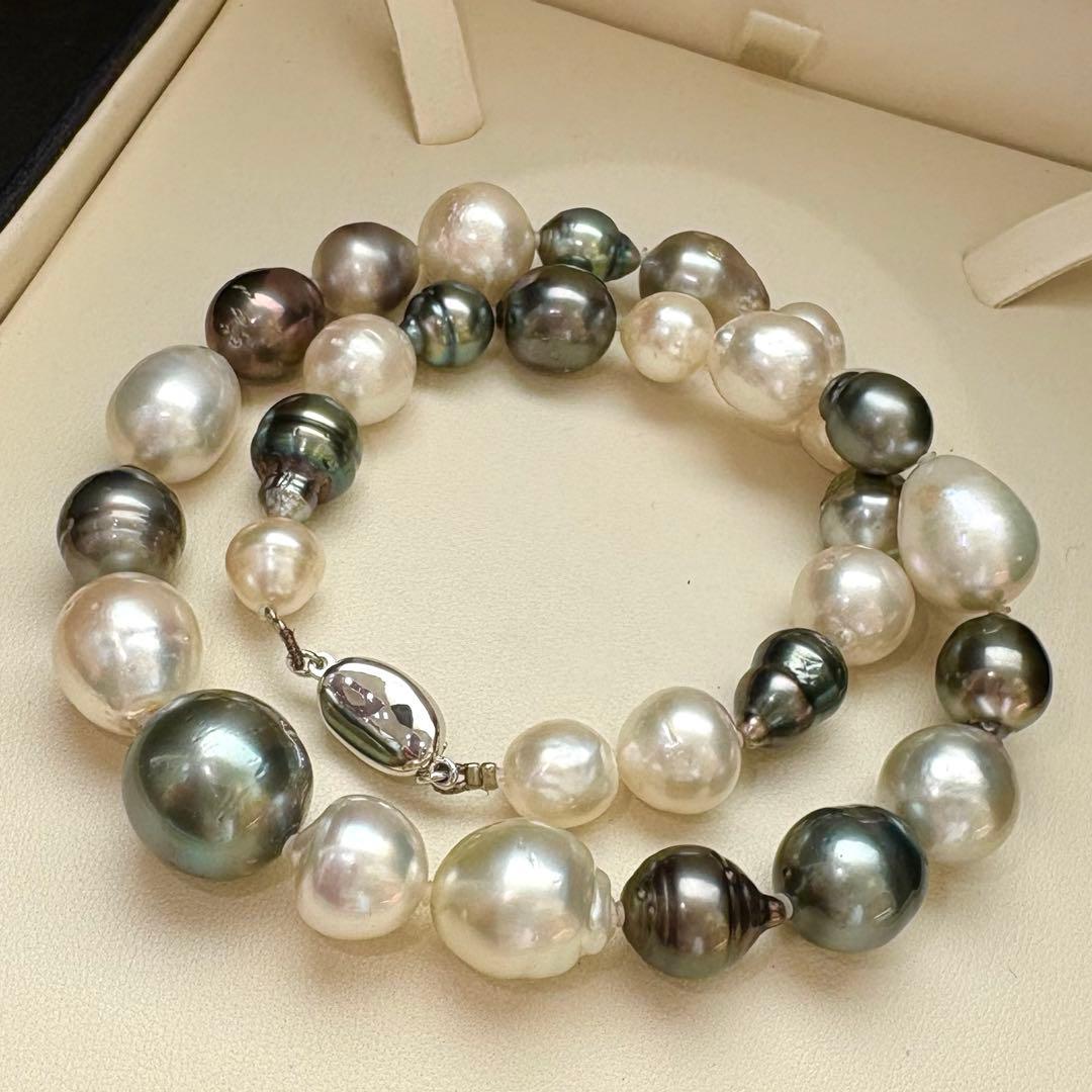 照り最強◎黒蝶・白蝶真珠 マルチカラー ネックレス 10.4-15.1mm