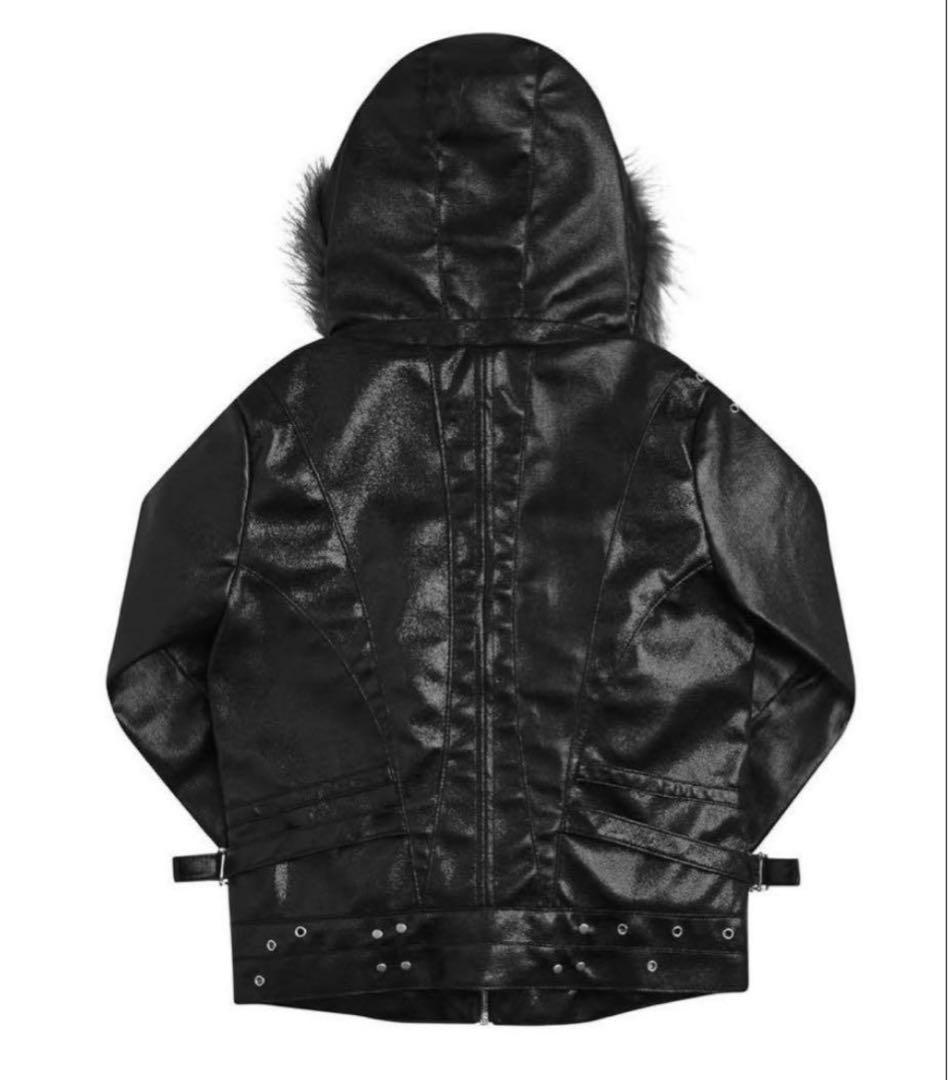 ブラックレザージャケット ファー付きフード